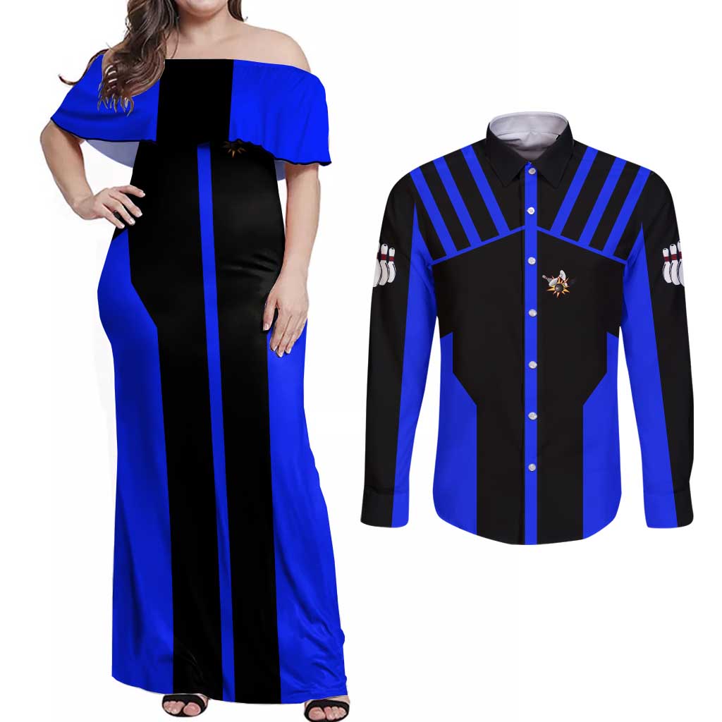 Custom Blue and Black Bowling Couples Matching Off Shoulder Maxi Dress and Long Sleeve Button Shirt with Exploding Strike Design Pin Graphics - Wonder Print Shop