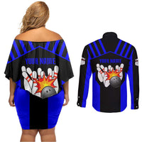Custom Blue and Black Bowling Couples Matching Off Shoulder Short Dress and Long Sleeve Button Shirt with Exploding Strike Design Pin Graphics - Wonder Print Shop