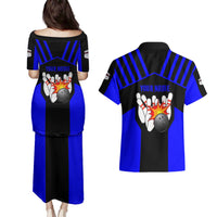 Custom Blue and Black Bowling Couples Matching Puletasi and Hawaiian Shirt with Exploding Strike Design Pin Graphics - Wonder Print Shop