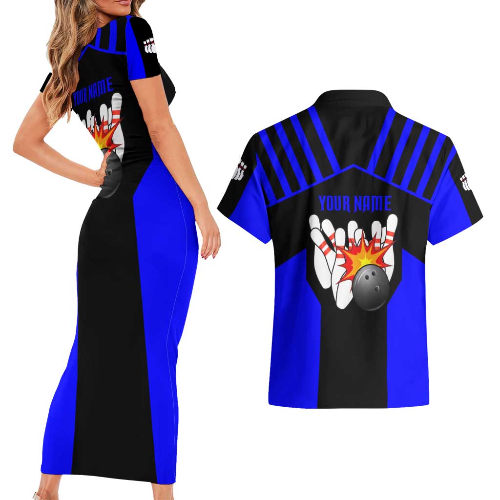 Custom Blue and Black Bowling Couples Matching Short Sleeve Bodycon Dress and Hawaiian Shirt with Exploding Strike Design Pin Graphics - Wonder Print Shop