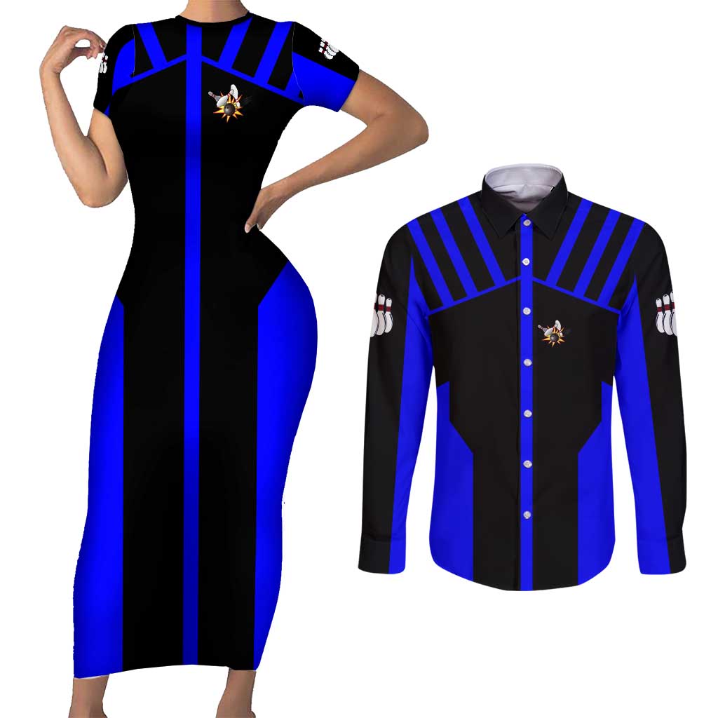 Custom Blue and Black Bowling Couples Matching Short Sleeve Bodycon Dress and Long Sleeve Button Shirt with Exploding Strike Design Pin Graphics - Wonder Print Shop