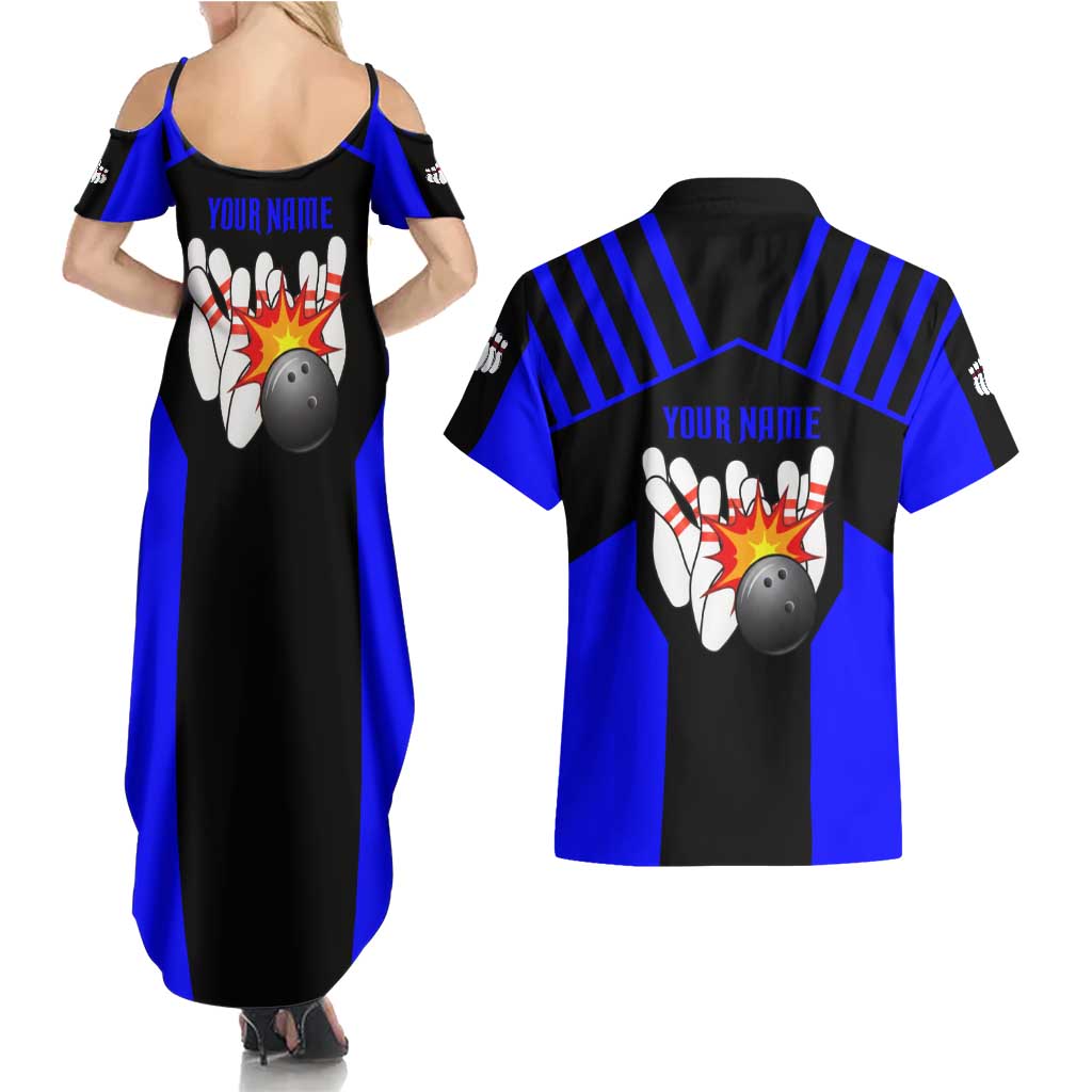 Custom Blue and Black Bowling Couples Matching Summer Maxi Dress and Hawaiian Shirt with Exploding Strike Design Pin Graphics - Wonder Print Shop