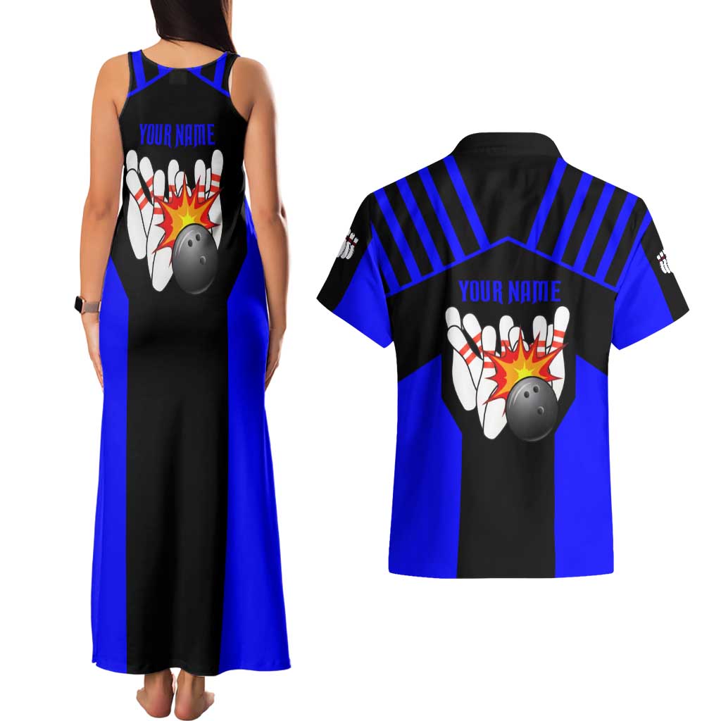 Custom Blue and Black Bowling Couples Matching Tank Maxi Dress and Hawaiian Shirt with Exploding Strike Design Pin Graphics - Wonder Print Shop