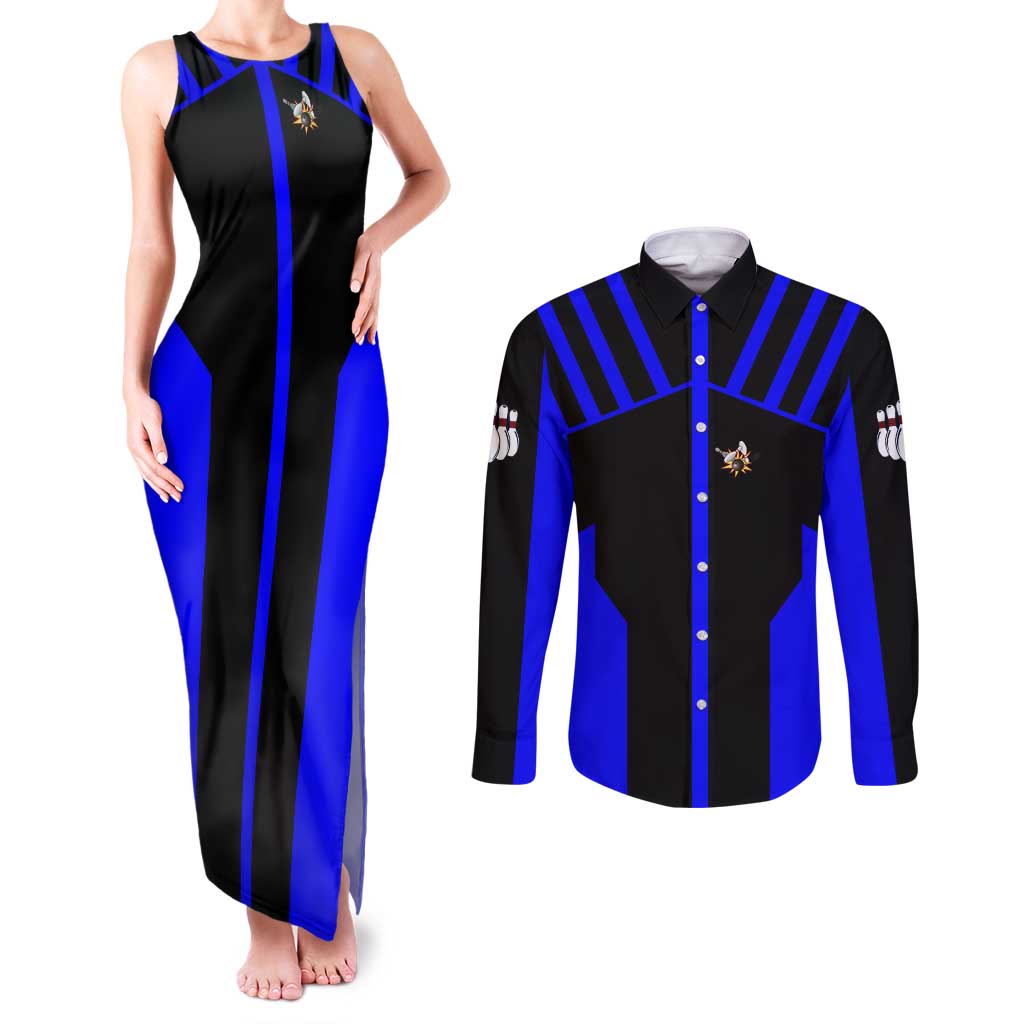 Custom Blue and Black Bowling Couples Matching Tank Maxi Dress and Long Sleeve Button Shirt with Exploding Strike Design Pin Graphics - Wonder Print Shop