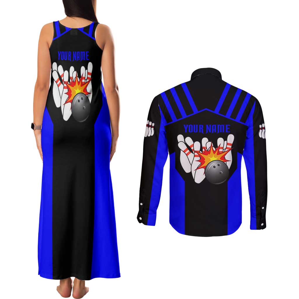 Custom Blue and Black Bowling Couples Matching Tank Maxi Dress and Long Sleeve Button Shirt with Exploding Strike Design Pin Graphics - Wonder Print Shop