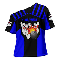 Custom Blue and Black Bowling Cross Shoulder Shirt with Exploding Strike Design Pin Graphics - Wonder Print Shop