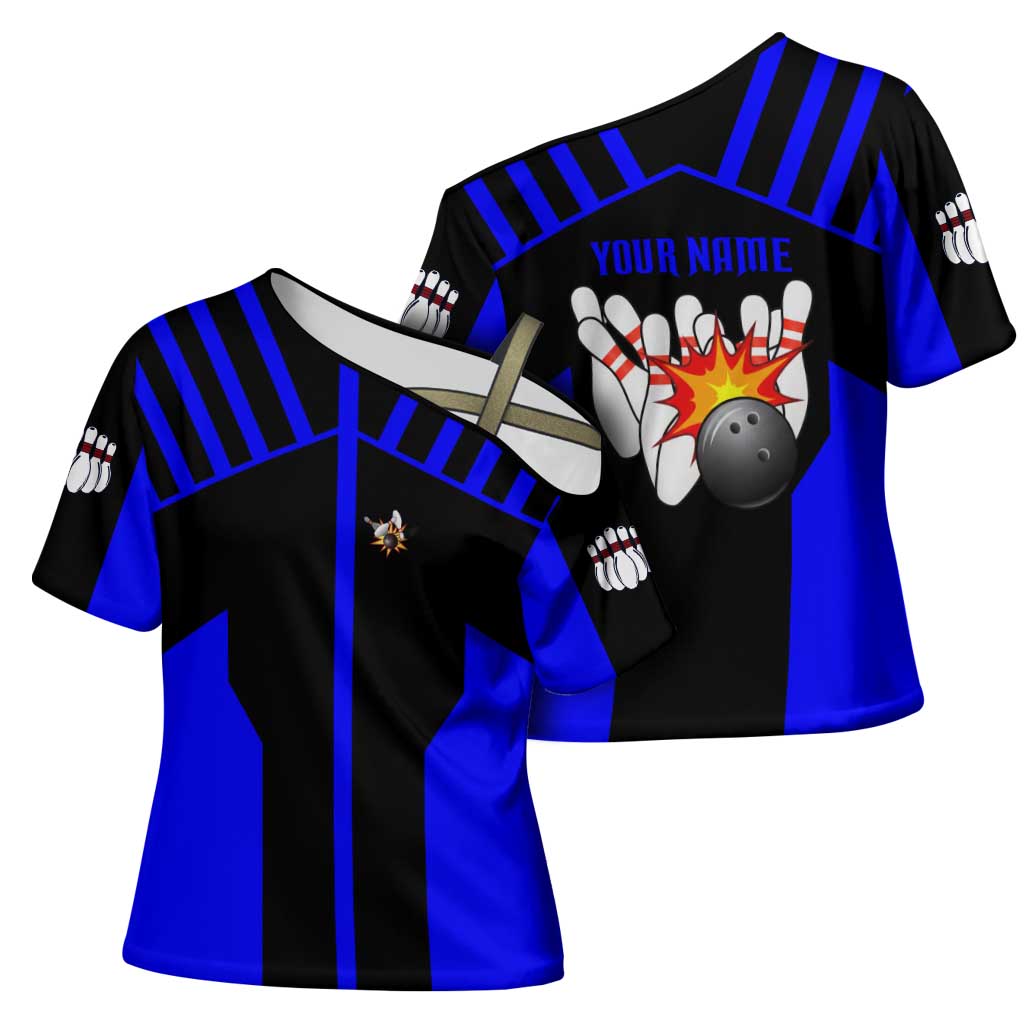 Custom Blue and Black Bowling Cross Shoulder Shirt with Exploding Strike Design Pin Graphics - Wonder Print Shop