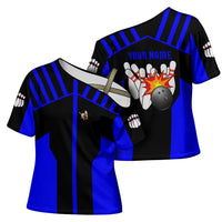 Custom Blue and Black Bowling Cross Shoulder Shirt with Exploding Strike Design Pin Graphics - Wonder Print Shop