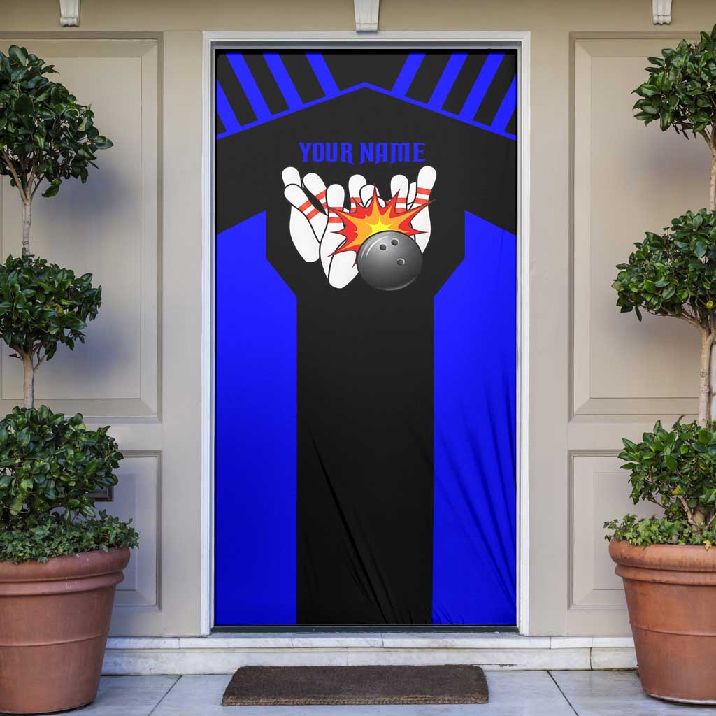 Custom Blue and Black Bowling Door Cover with Exploding Strike Design Pin Graphics - Wonder Print Shop