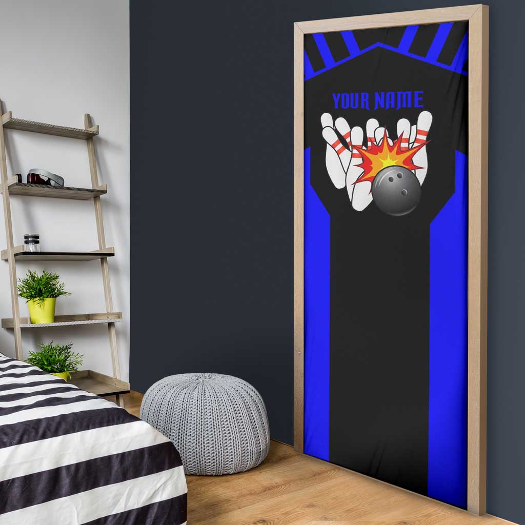 Custom Blue and Black Bowling Door Cover with Exploding Strike Design Pin Graphics - Wonder Print Shop