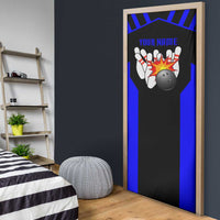 Custom Blue and Black Bowling Door Cover with Exploding Strike Design Pin Graphics - Wonder Print Shop