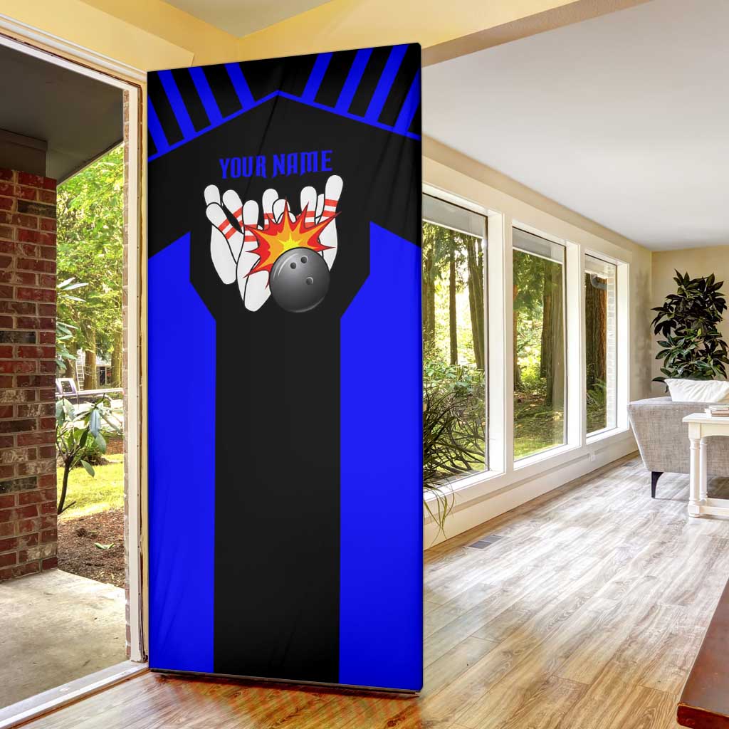 Custom Blue and Black Bowling Door Cover with Exploding Strike Design Pin Graphics - Wonder Print Shop