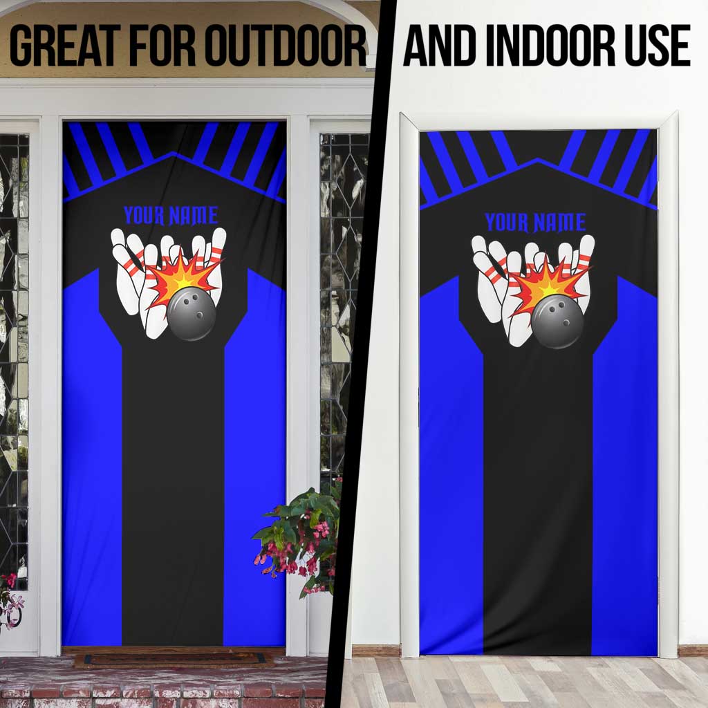 Custom Blue and Black Bowling Door Cover with Exploding Strike Design Pin Graphics - Wonder Print Shop