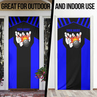 Custom Blue and Black Bowling Door Cover with Exploding Strike Design Pin Graphics - Wonder Print Shop