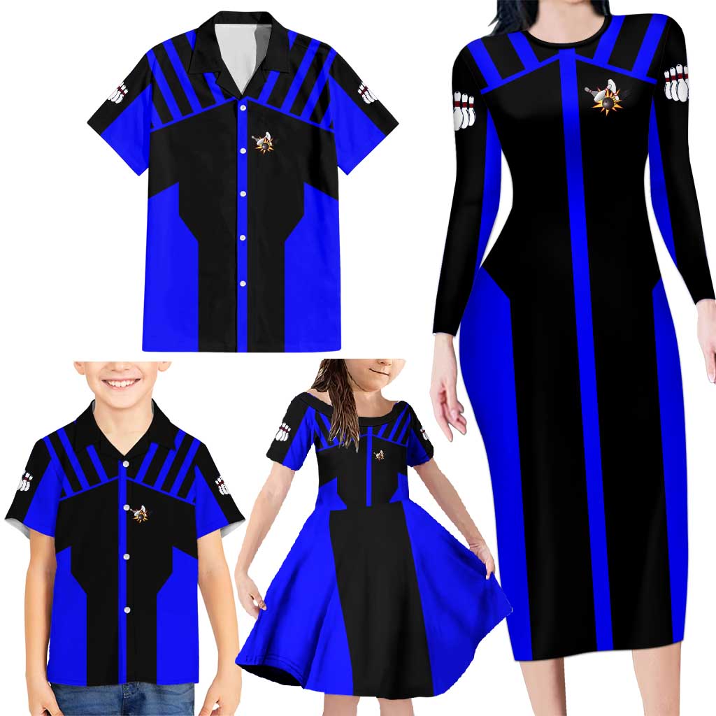 Custom Blue and Black Bowling Family Matching Long Sleeve Bodycon Dress and Hawaiian Shirt with Exploding Strike Design Pin Graphics - Wonder Print Shop