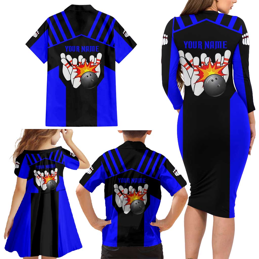 Custom Blue and Black Bowling Family Matching Long Sleeve Bodycon Dress and Hawaiian Shirt with Exploding Strike Design Pin Graphics - Wonder Print Shop