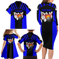 Custom Blue and Black Bowling Family Matching Long Sleeve Bodycon Dress and Hawaiian Shirt with Exploding Strike Design Pin Graphics - Wonder Print Shop