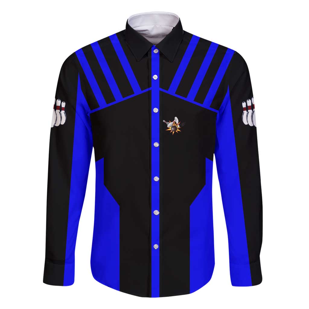 Custom Blue and Black Bowling Family Matching Long Sleeve Bodycon Dress and Hawaiian Shirt with Exploding Strike Design Pin Graphics - Wonder Print Shop