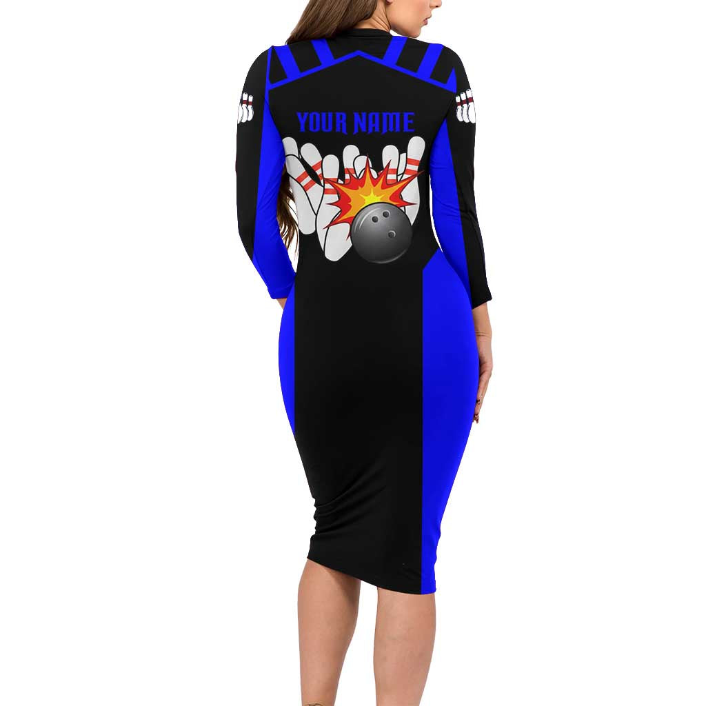 Custom Blue and Black Bowling Family Matching Long Sleeve Bodycon Dress and Hawaiian Shirt with Exploding Strike Design Pin Graphics - Wonder Print Shop