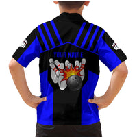 Custom Blue and Black Bowling Family Matching Mermaid Dress and Hawaiian Shirt with Exploding Strike Design Pin Graphics - Wonder Print Shop