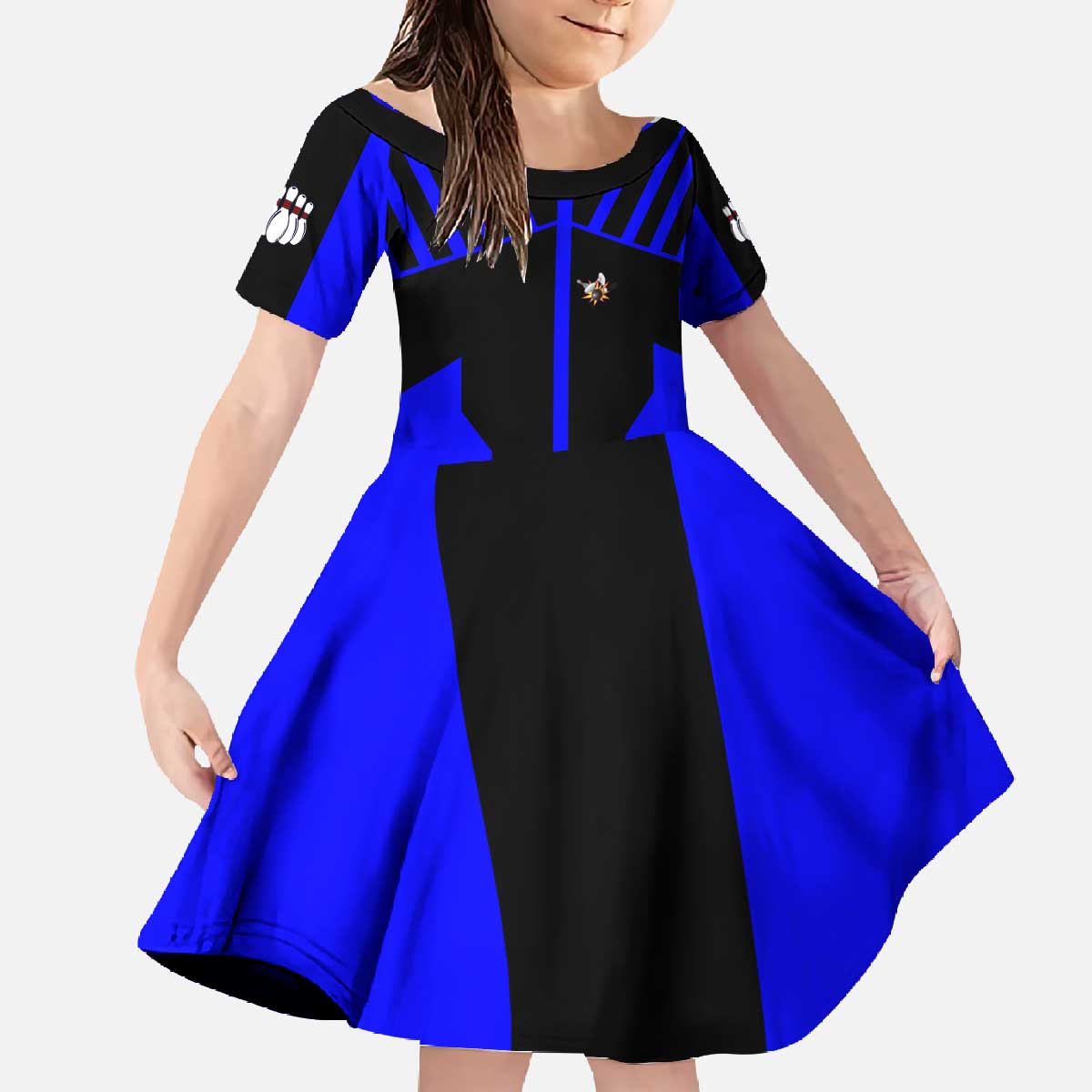 Custom Blue and Black Bowling Family Matching Off The Shoulder Long Sleeve Dress and Hawaiian Shirt with Exploding Strike Design Pin Graphics - Wonder Print Shop