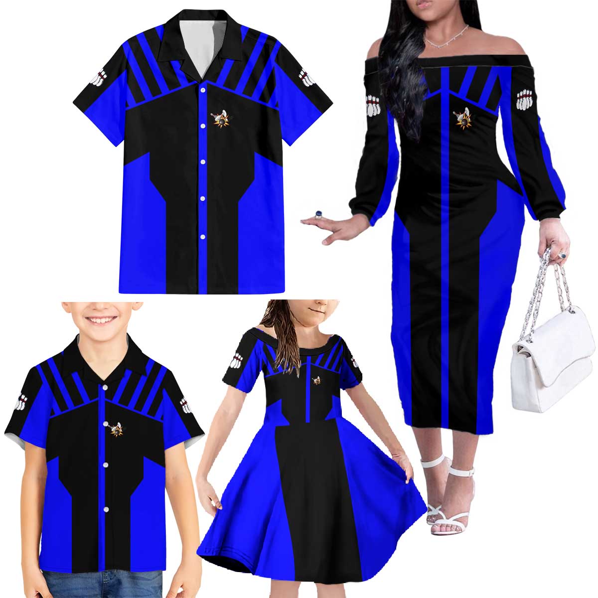 Custom Blue and Black Bowling Family Matching Off The Shoulder Long Sleeve Dress and Hawaiian Shirt with Exploding Strike Design Pin Graphics - Wonder Print Shop
