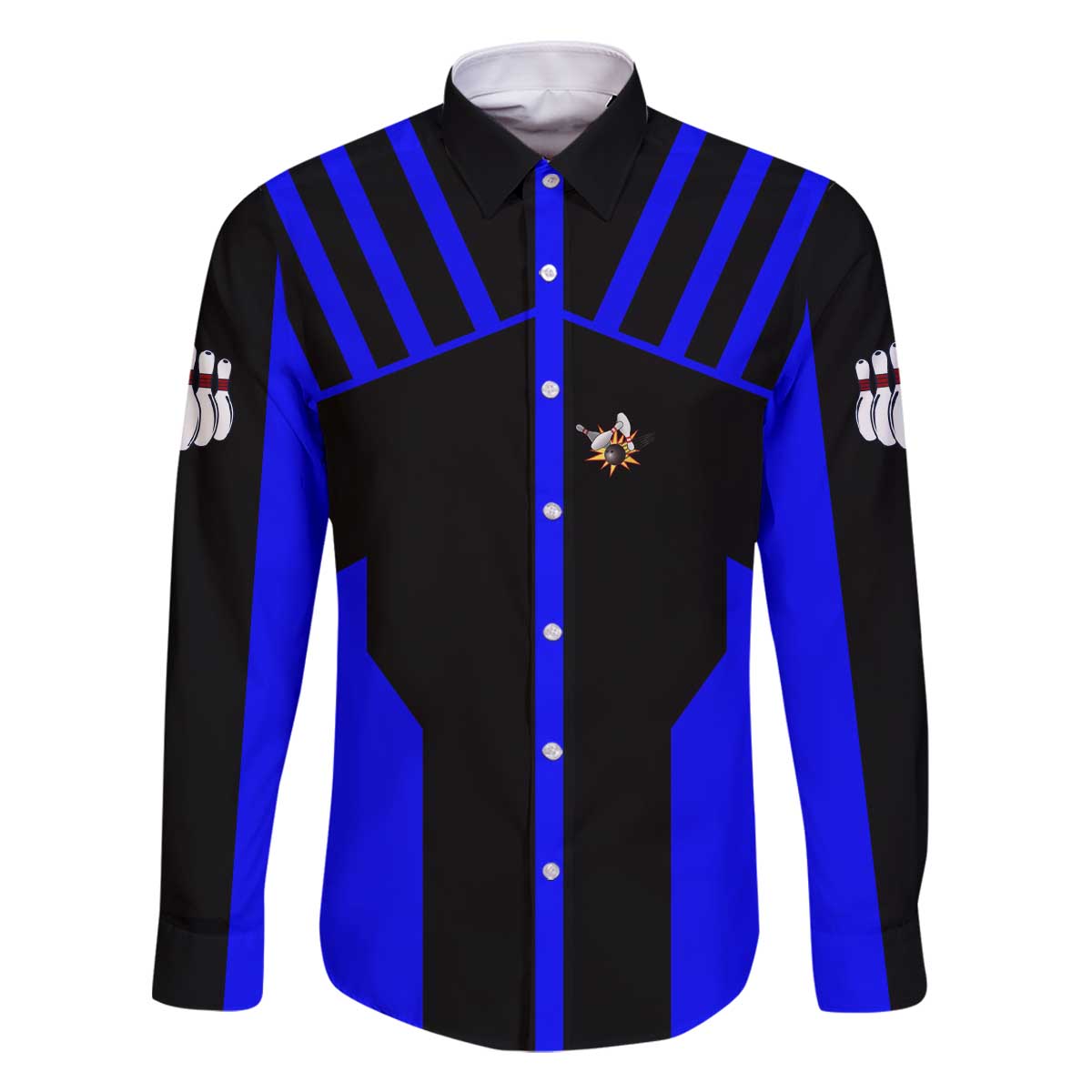 Custom Blue and Black Bowling Family Matching Off The Shoulder Long Sleeve Dress and Hawaiian Shirt with Exploding Strike Design Pin Graphics - Wonder Print Shop