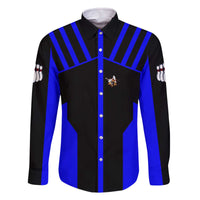 Custom Blue and Black Bowling Family Matching Off The Shoulder Long Sleeve Dress and Hawaiian Shirt with Exploding Strike Design Pin Graphics - Wonder Print Shop