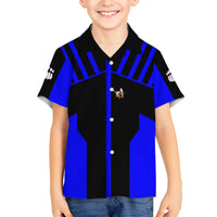 Custom Blue and Black Bowling Family Matching Off The Shoulder Long Sleeve Dress and Hawaiian Shirt with Exploding Strike Design Pin Graphics - Wonder Print Shop