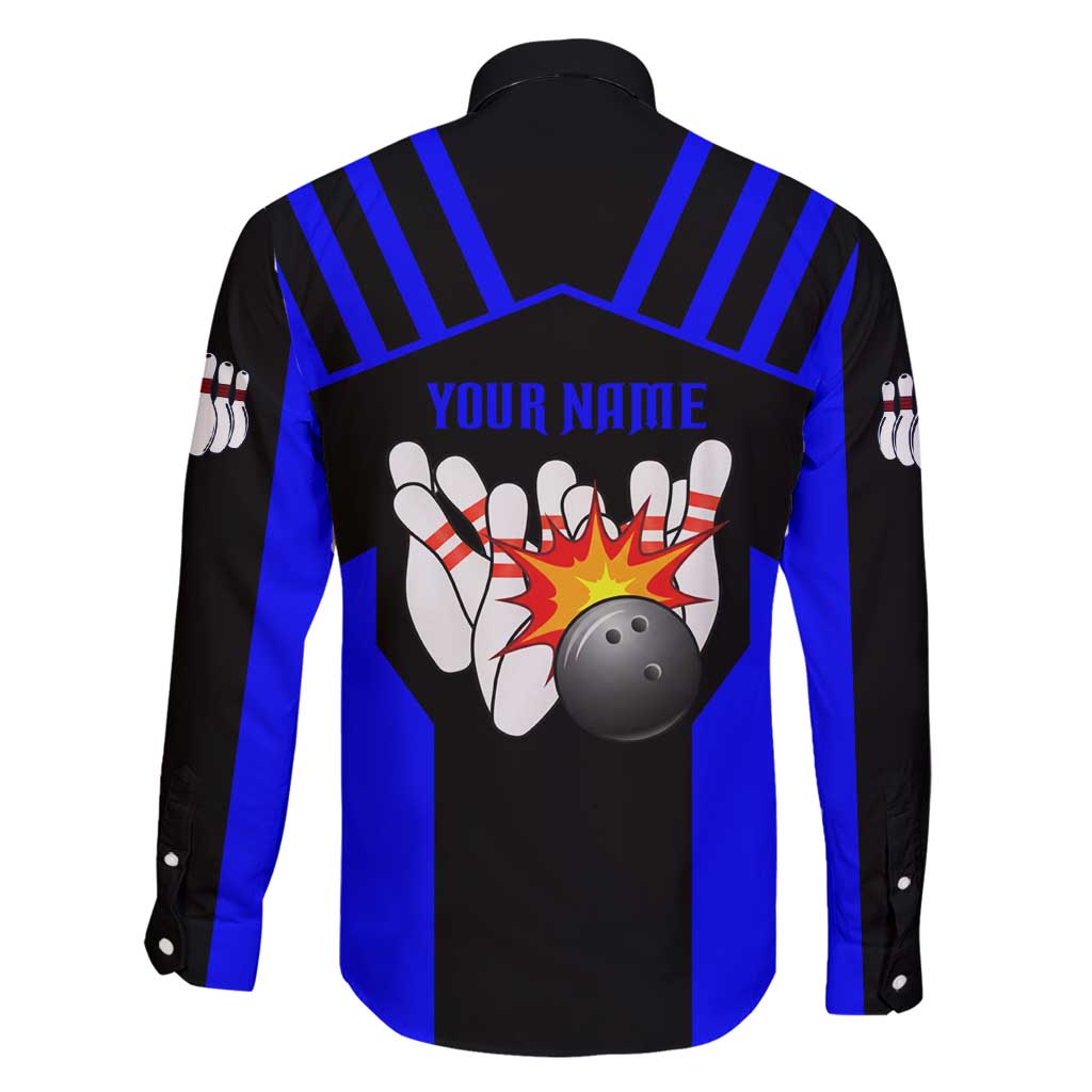 Custom Blue and Black Bowling Family Matching Off Shoulder Maxi Dress and Hawaiian Shirt with Exploding Strike Design Pin Graphics - Wonder Print Shop