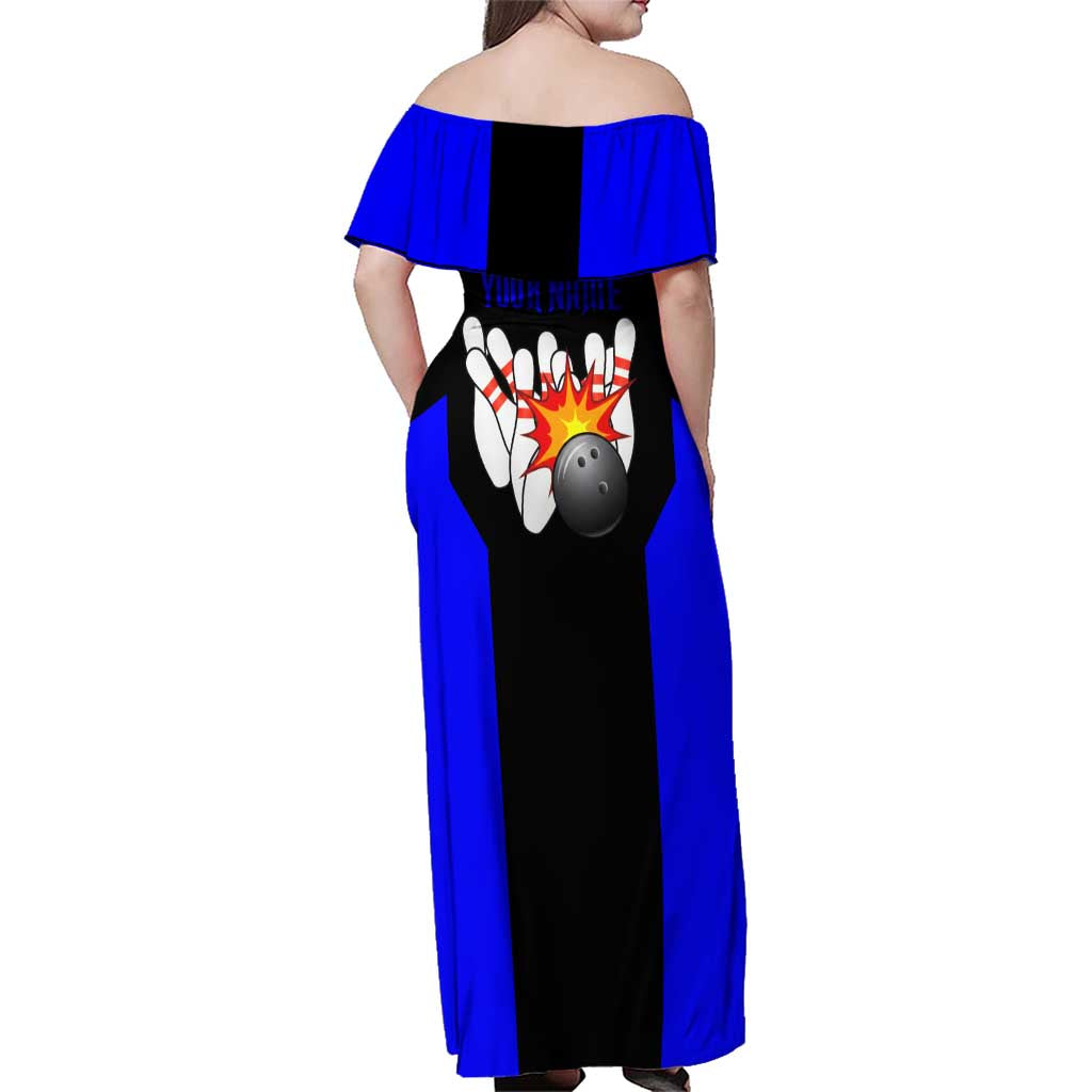 Custom Blue and Black Bowling Family Matching Off Shoulder Maxi Dress and Hawaiian Shirt with Exploding Strike Design Pin Graphics - Wonder Print Shop