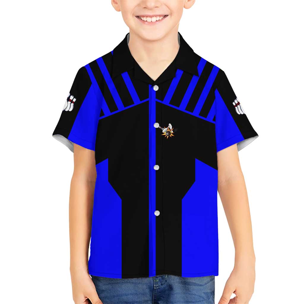 Custom Blue and Black Bowling Family Matching Off Shoulder Maxi Dress and Hawaiian Shirt with Exploding Strike Design Pin Graphics - Wonder Print Shop