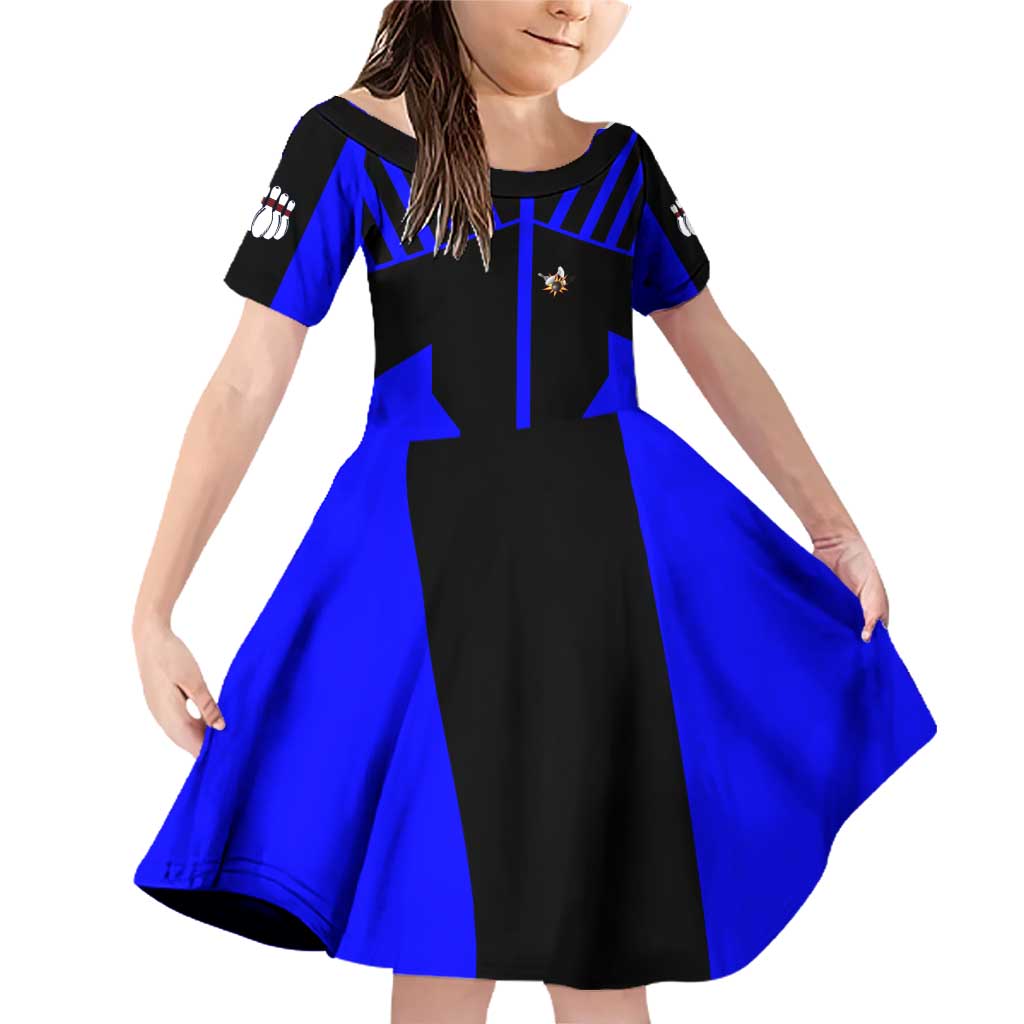 Custom Blue and Black Bowling Family Matching Off Shoulder Short Dress and Hawaiian Shirt with Exploding Strike Design Pin Graphics - Wonder Print Shop