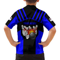 Custom Blue and Black Bowling Family Matching Puletasi and Hawaiian Shirt with Exploding Strike Design Pin Graphics - Wonder Print Shop