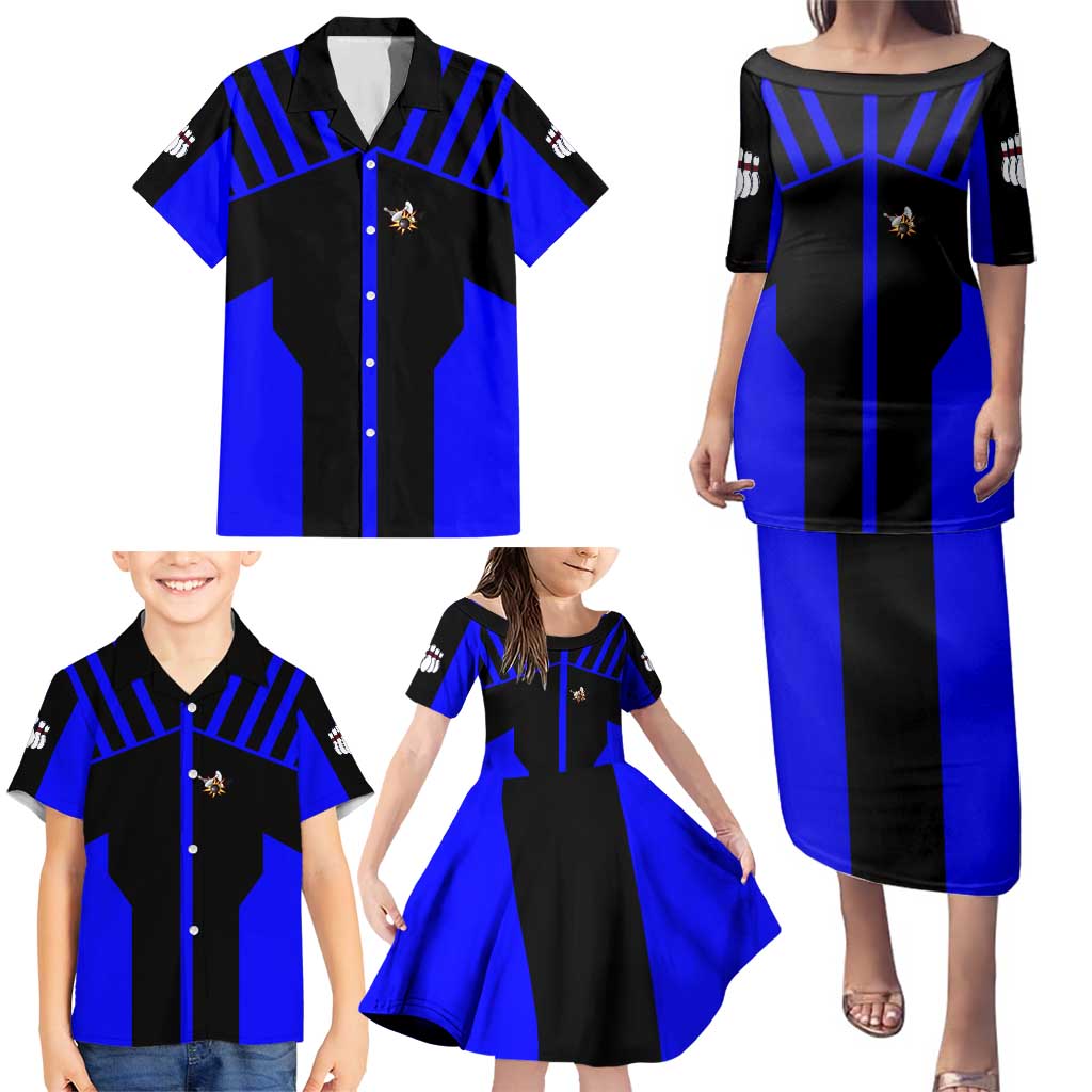 Custom Blue and Black Bowling Family Matching Puletasi and Hawaiian Shirt with Exploding Strike Design Pin Graphics - Wonder Print Shop