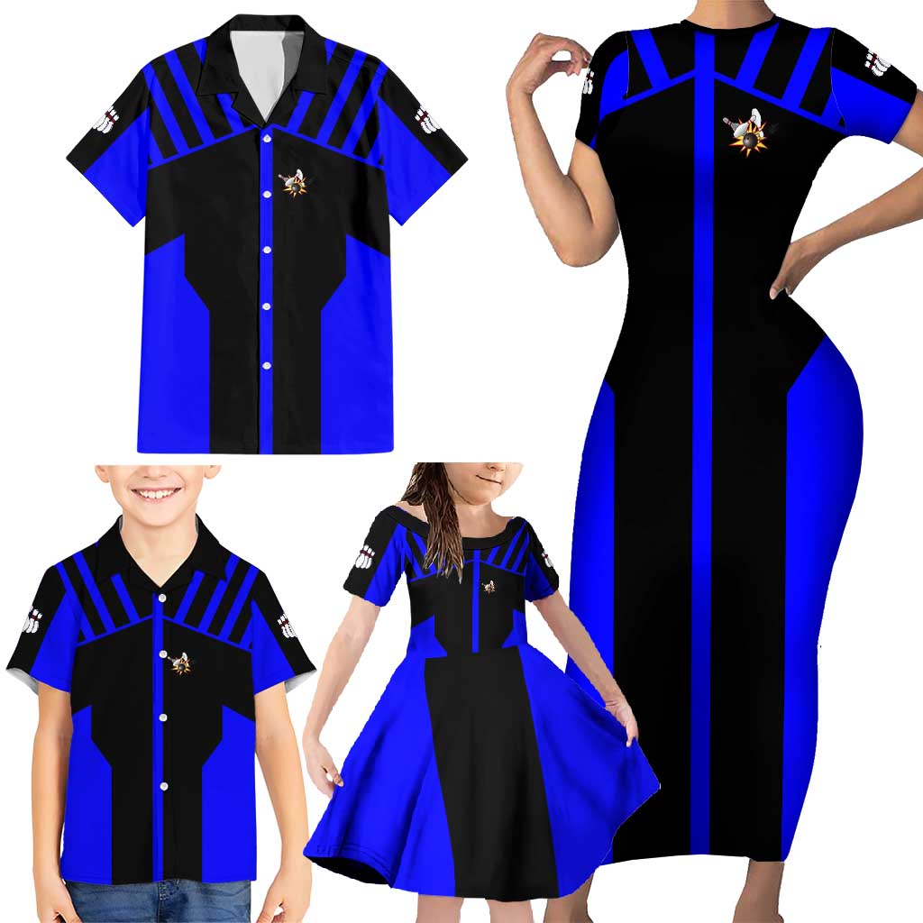 Custom Blue and Black Bowling Family Matching Short Sleeve Bodycon Dress and Hawaiian Shirt with Exploding Strike Design Pin Graphics - Wonder Print Shop