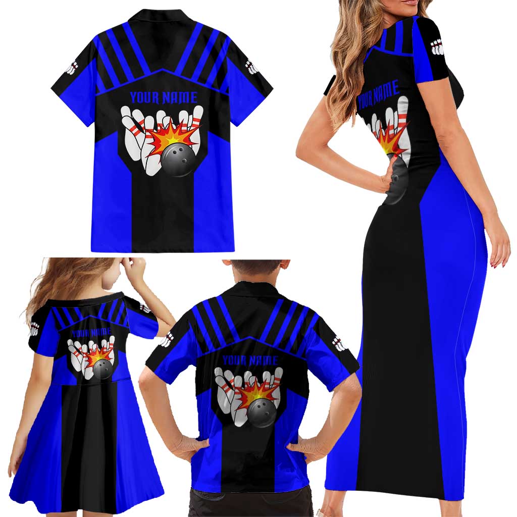 Custom Blue and Black Bowling Family Matching Short Sleeve Bodycon Dress and Hawaiian Shirt with Exploding Strike Design Pin Graphics - Wonder Print Shop