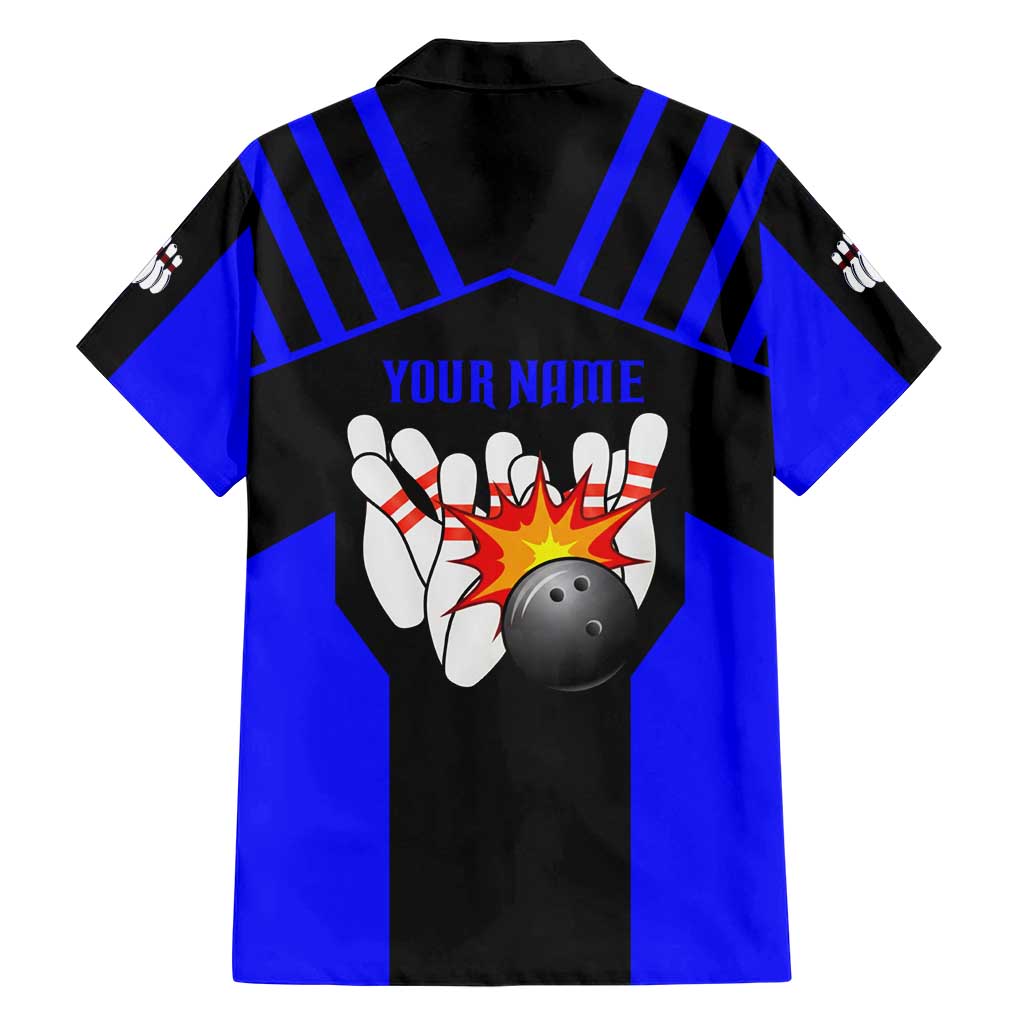 Custom Blue and Black Bowling Family Matching Short Sleeve Bodycon Dress and Hawaiian Shirt with Exploding Strike Design Pin Graphics - Wonder Print Shop