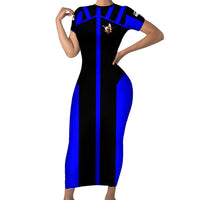 Custom Blue and Black Bowling Family Matching Short Sleeve Bodycon Dress and Hawaiian Shirt with Exploding Strike Design Pin Graphics - Wonder Print Shop