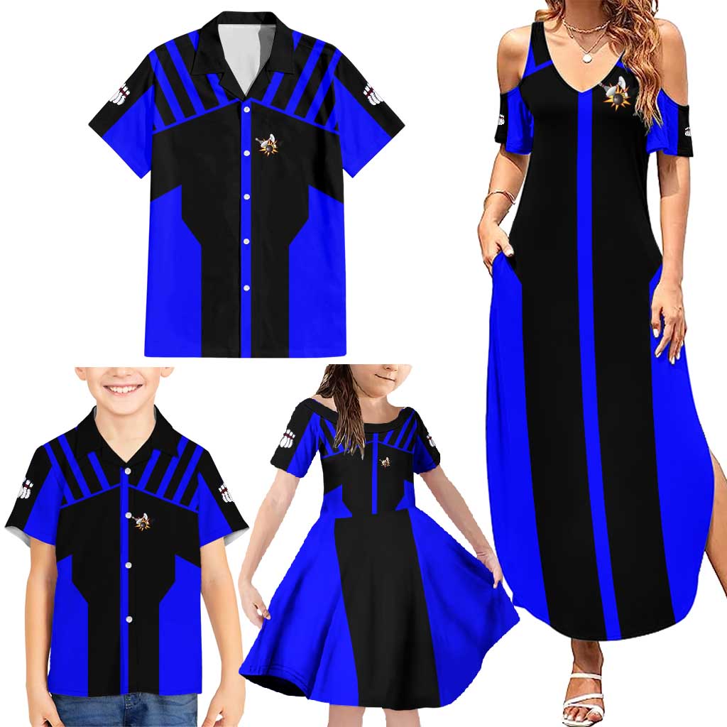 Custom Blue and Black Bowling Family Matching Summer Maxi Dress and Hawaiian Shirt with Exploding Strike Design Pin Graphics - Wonder Print Shop