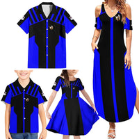 Custom Blue and Black Bowling Family Matching Summer Maxi Dress and Hawaiian Shirt with Exploding Strike Design Pin Graphics - Wonder Print Shop