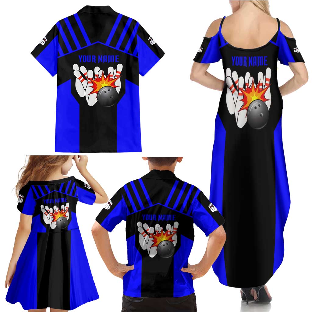 Custom Blue and Black Bowling Family Matching Summer Maxi Dress and Hawaiian Shirt with Exploding Strike Design Pin Graphics - Wonder Print Shop