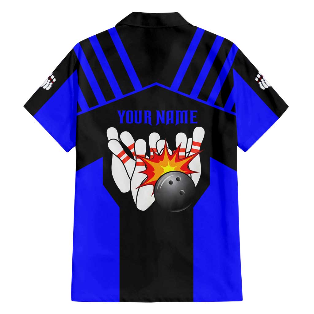 Custom Blue and Black Bowling Family Matching Summer Maxi Dress and Hawaiian Shirt with Exploding Strike Design Pin Graphics - Wonder Print Shop