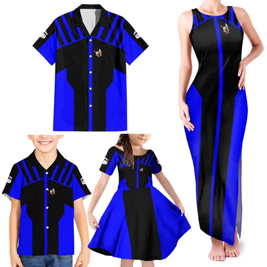 Custom Blue and Black Bowling Family Matching Tank Maxi Dress and Hawaiian Shirt with Exploding Strike Design Pin Graphics - Wonder Print Shop