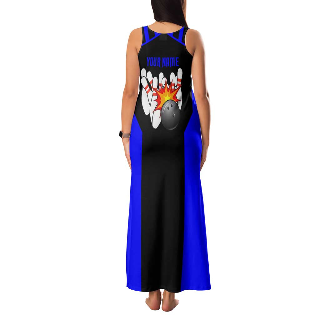 Custom Blue and Black Bowling Family Matching Tank Maxi Dress and Hawaiian Shirt with Exploding Strike Design Pin Graphics - Wonder Print Shop