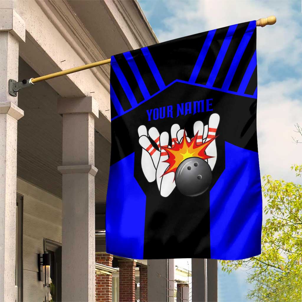 Custom Blue and Black Bowling Garden Flag with Exploding Strike Design Pin Graphics - Wonder Print Shop