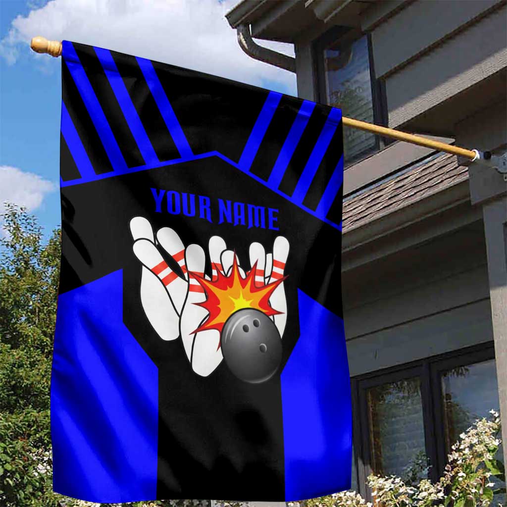 Custom Blue and Black Bowling Garden Flag with Exploding Strike Design Pin Graphics - Wonder Print Shop
