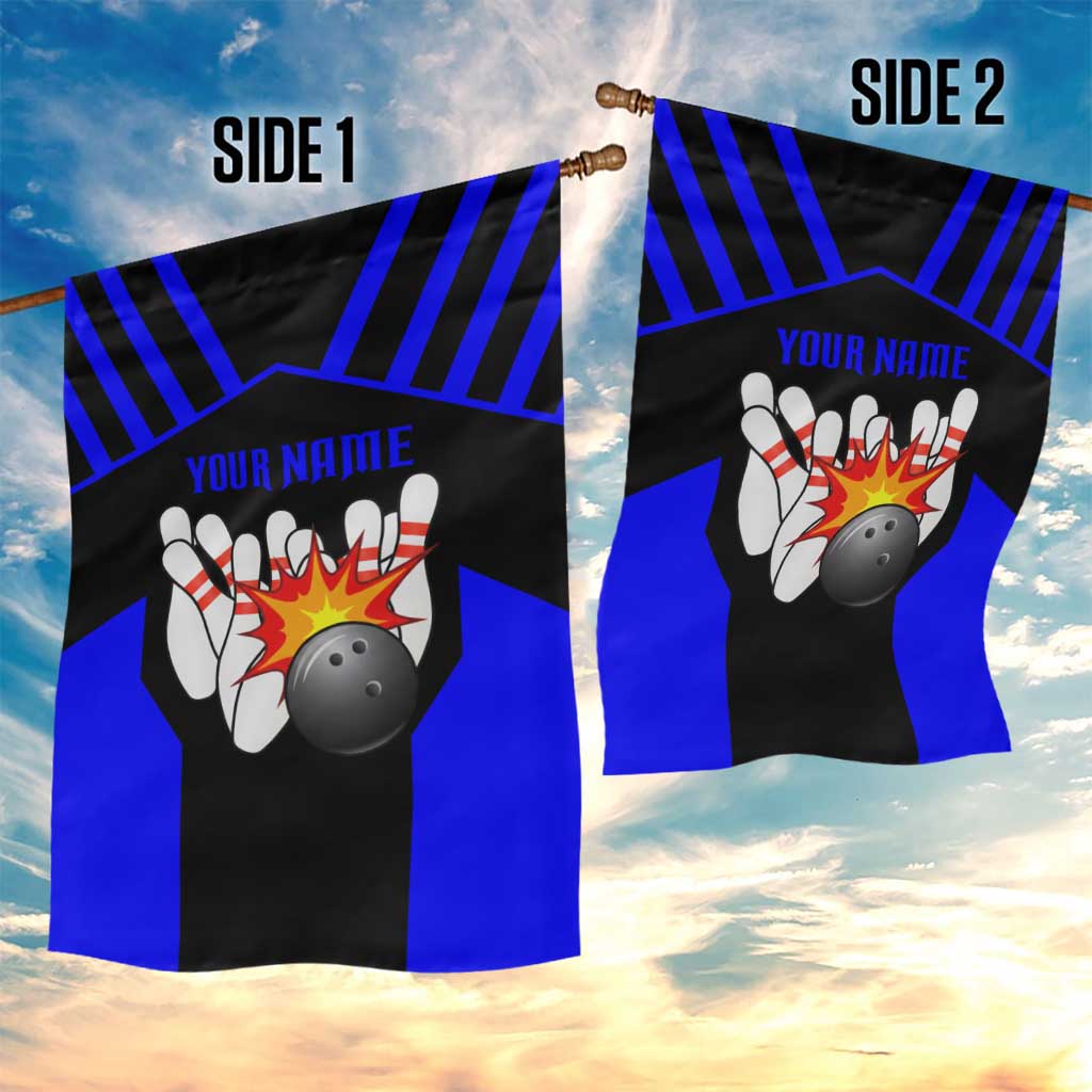 Custom Blue and Black Bowling Garden Flag with Exploding Strike Design Pin Graphics - Wonder Print Shop