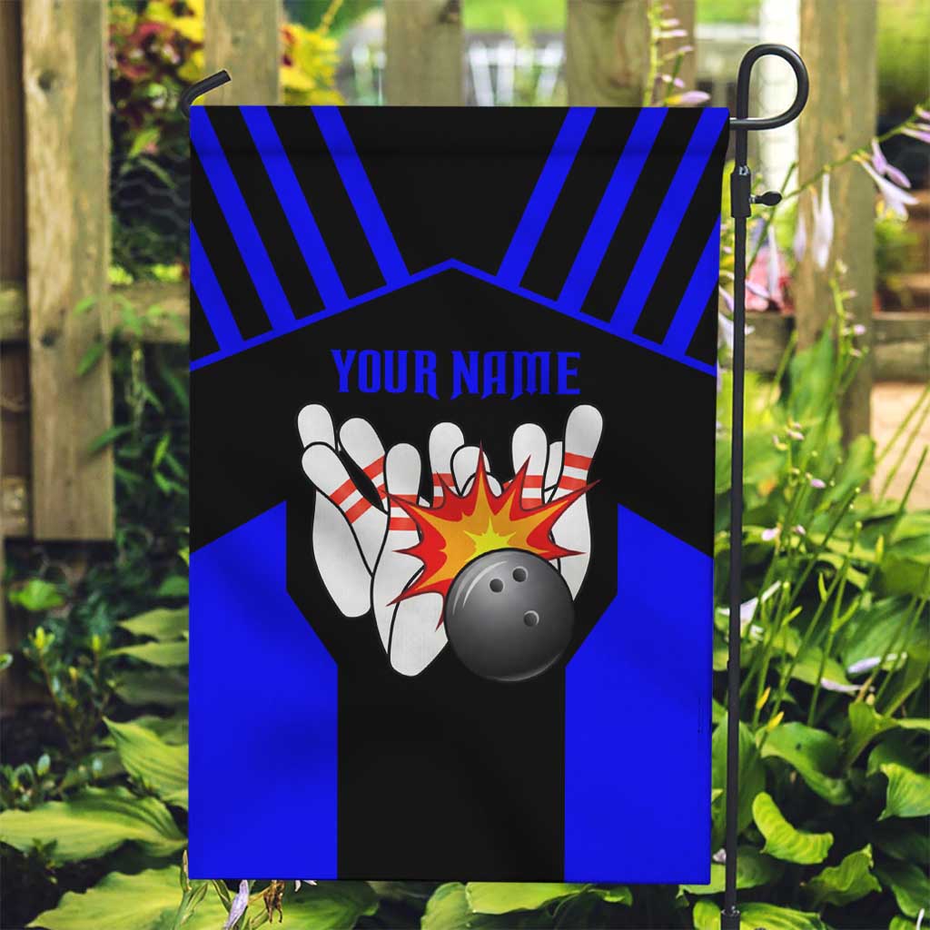 Custom Blue and Black Bowling Garden Flag with Exploding Strike Design Pin Graphics - Wonder Print Shop