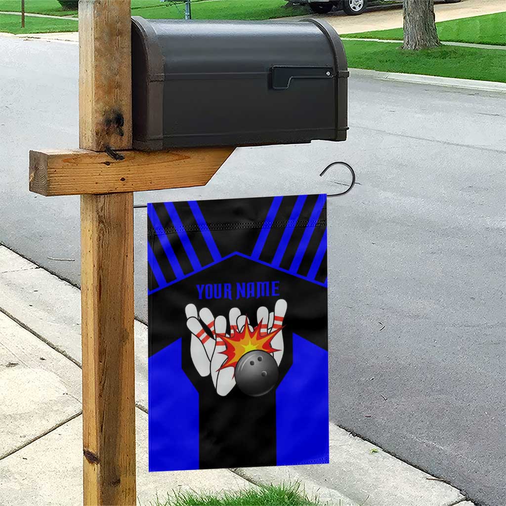 Custom Blue and Black Bowling Garden Flag with Exploding Strike Design Pin Graphics - Wonder Print Shop